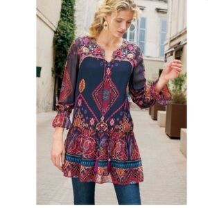 Soft Surroundings Iskra Embroidered Tassel Tunic Top Women’s Size S Chiffon Navy